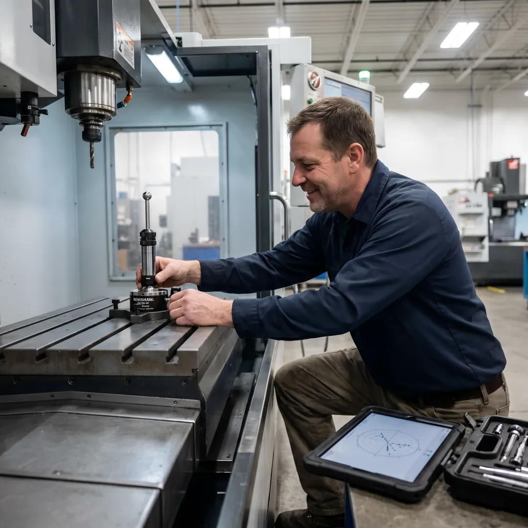 Technician performing ballbar test on CNC machine with Renishaw diagnostic equipment