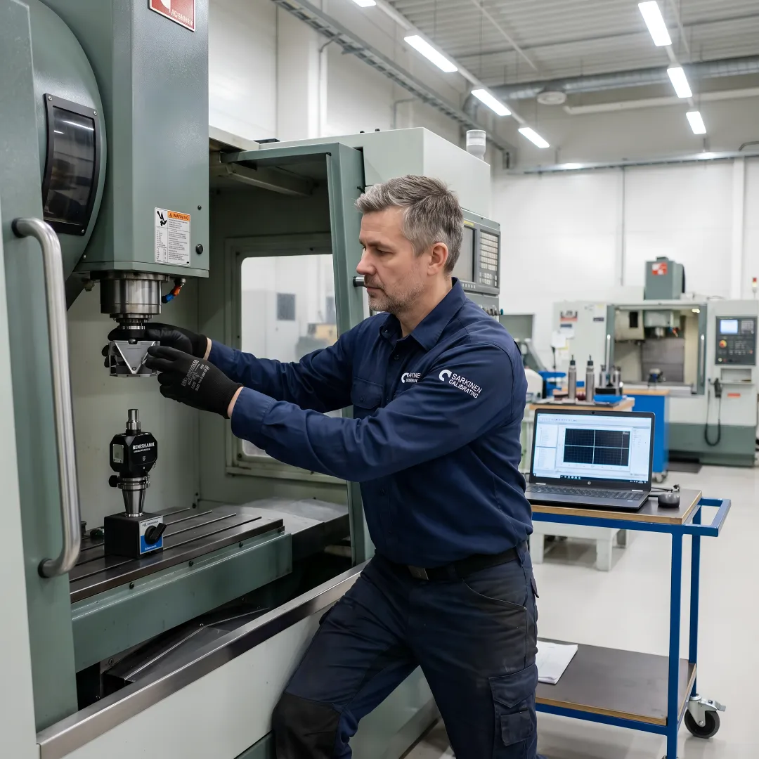 CNC machine calibration technician performing precision laser interferometry measurement on industrial milling machine