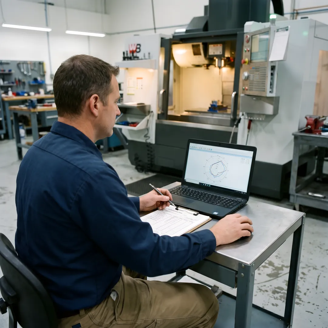 Technician reviewing ballbar test results on laptop screen showing circular error analysis
