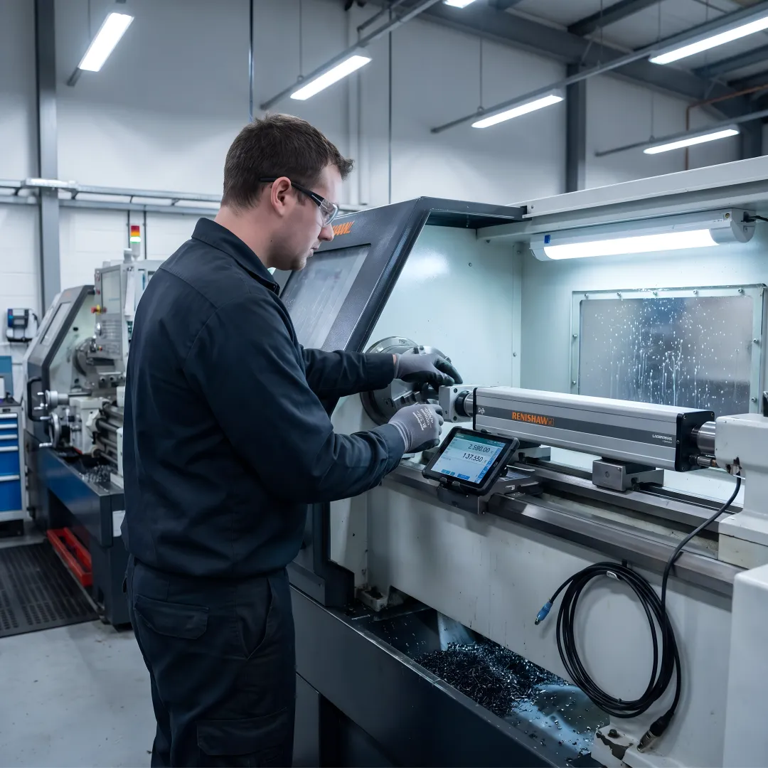Precision CNC metal turning machine in operation creating cylindrical metal component