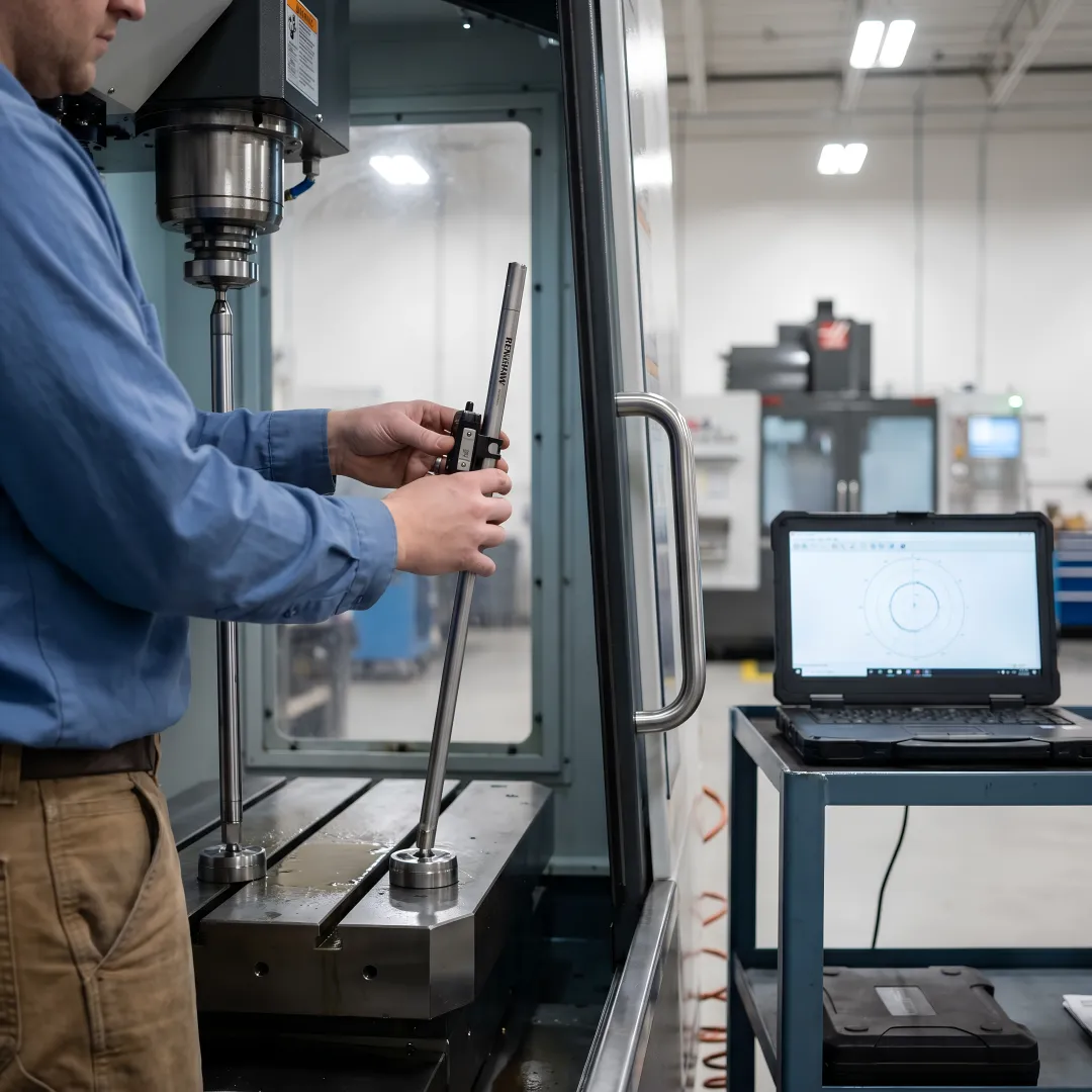 Ballbar diagnostic testing process showing wireless setup on CNC machine