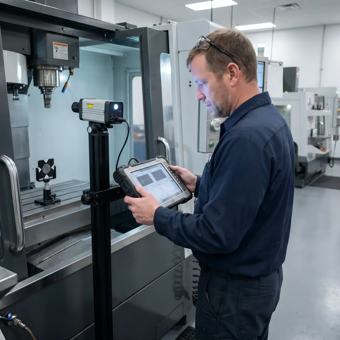 Calibration technician analyzing laser interferometer measurement data on laptop