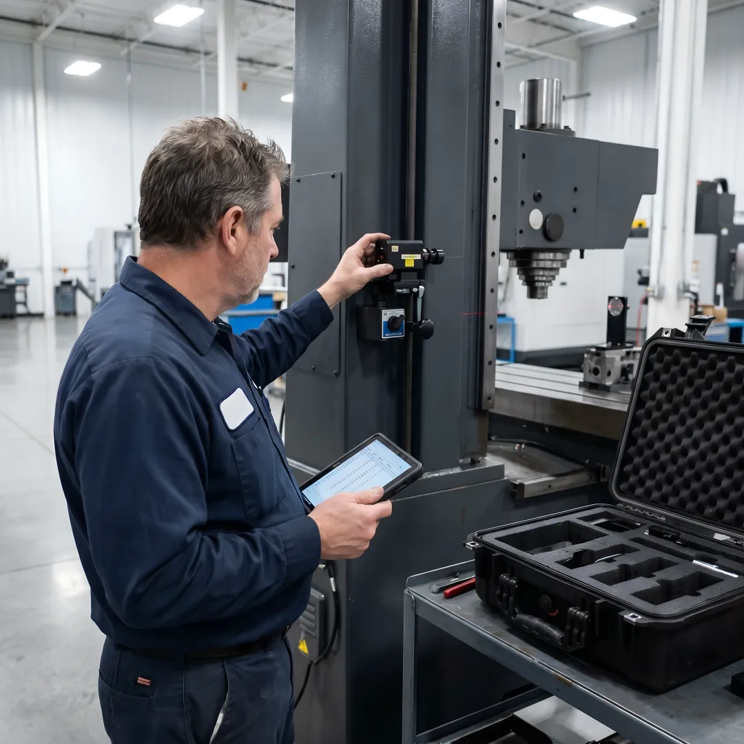 Precision laser interferometer calibrating CNC machine in manufacturing facility