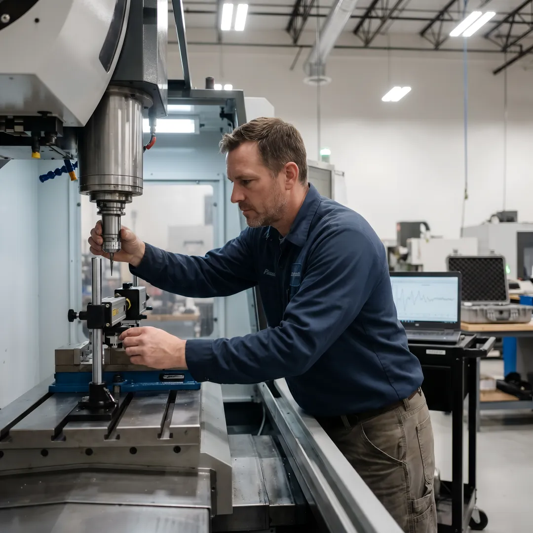 Precision CNC machining equipment being calibrated with laser interferometer