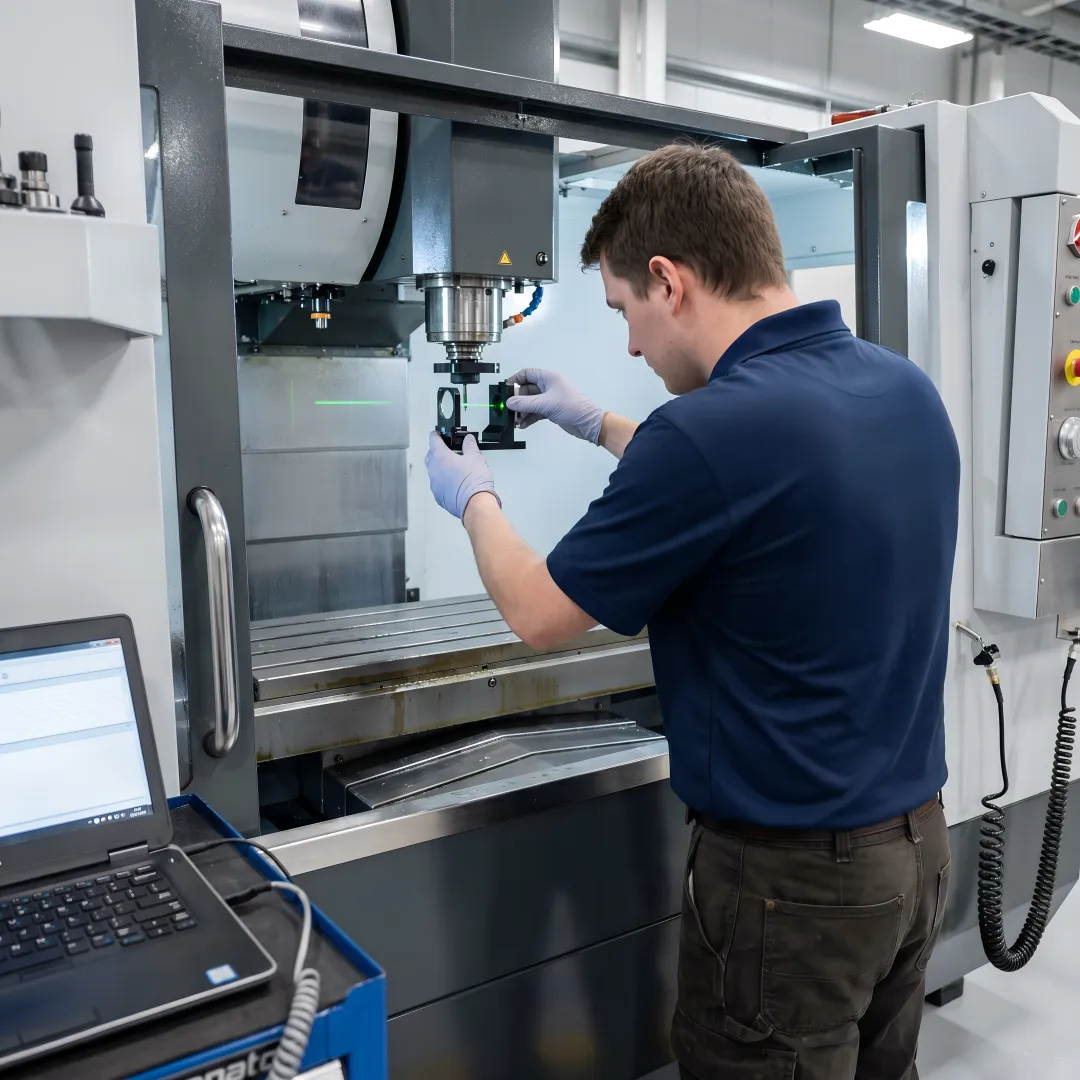 Industrial CNC machine being calibrated with laser measurement equipment