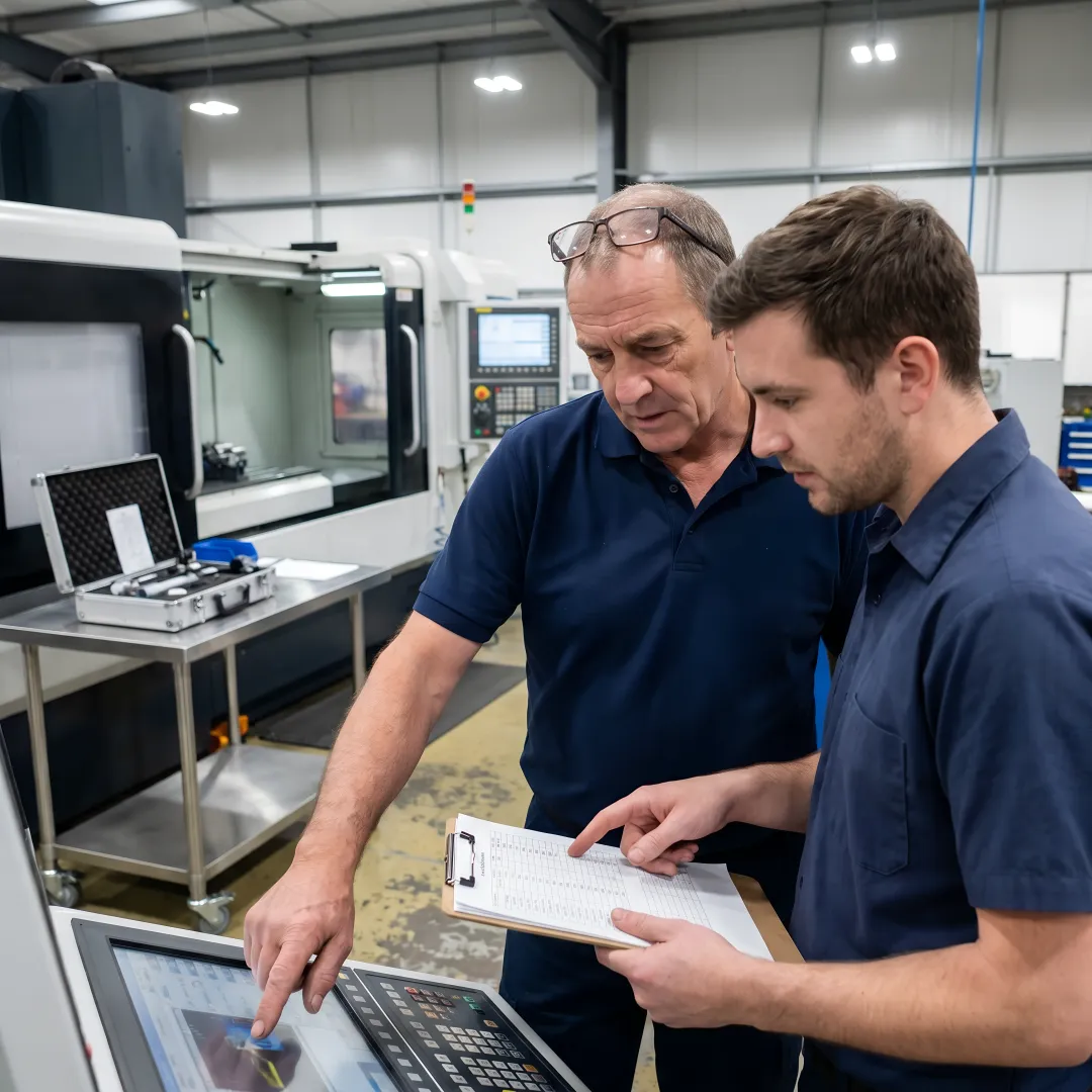 Instructor demonstrating CAM software programming at CNC machine control panel