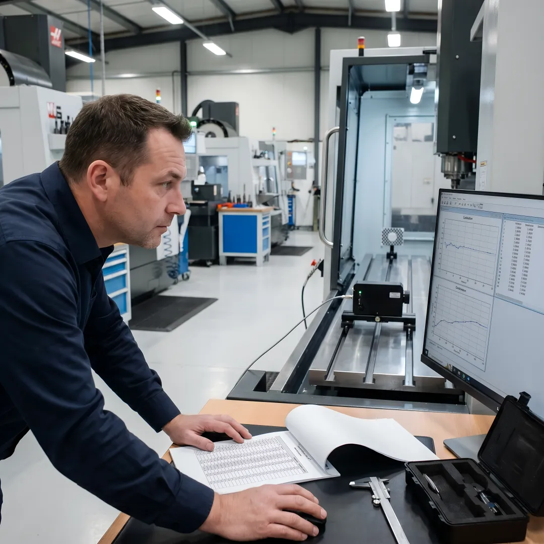 Calibration technician analyzing CNC machine measurement data on laptop computer