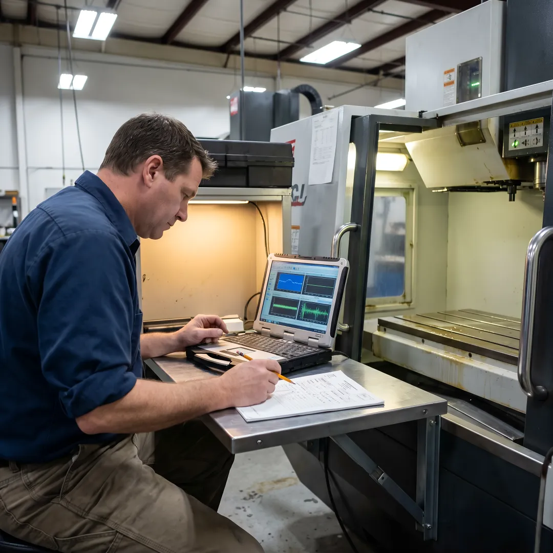 Calibration specialist analyzing CNC machine measurement data on laptop