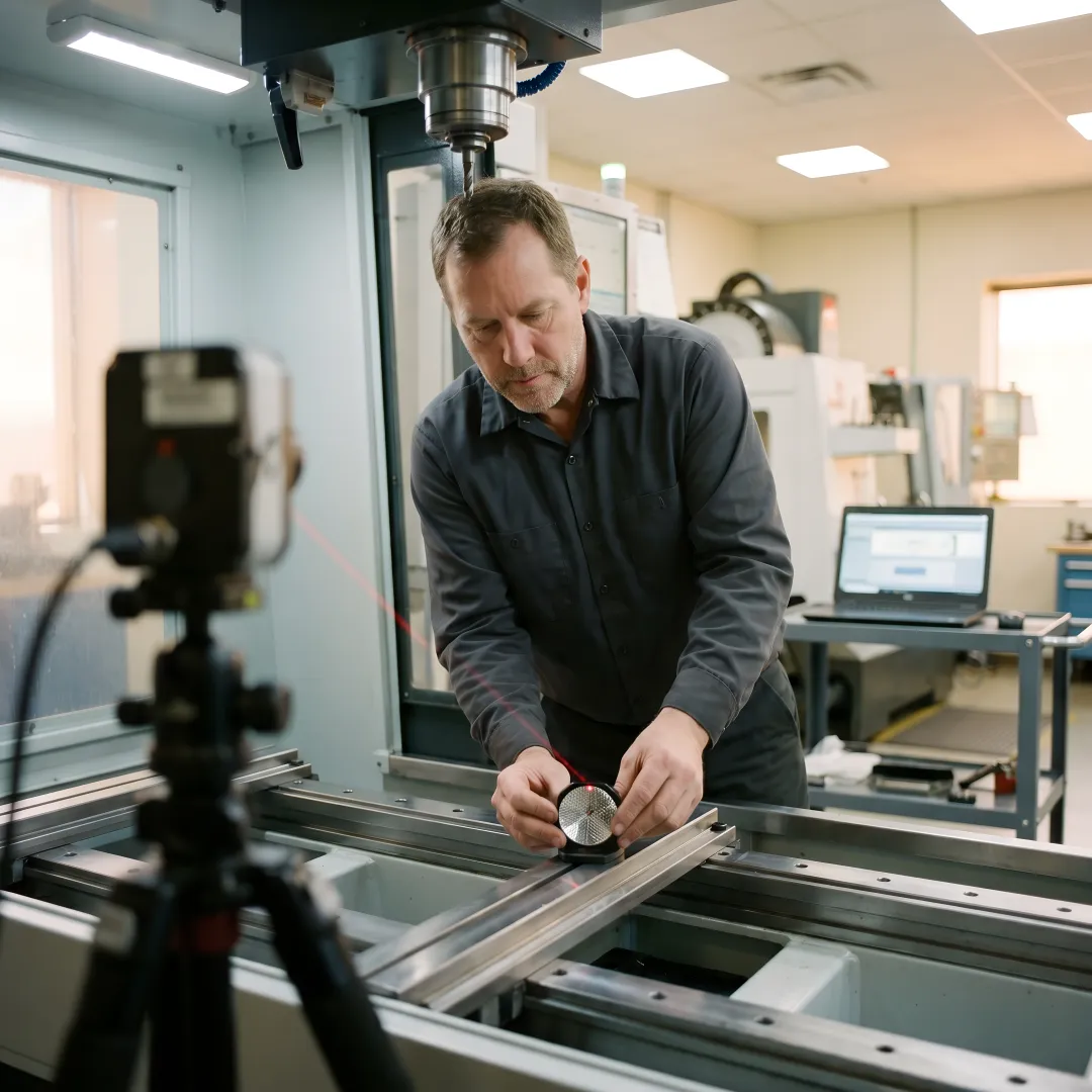 CNC maintenance technician performing precision calibration with laser measurement equipment