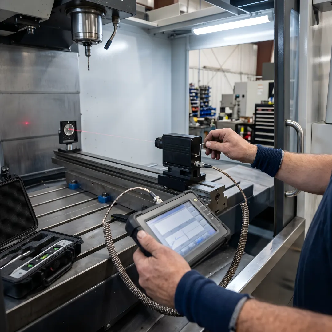 Precision laser interferometer measuring CNC machine axis accuracy in manufacturing facility
