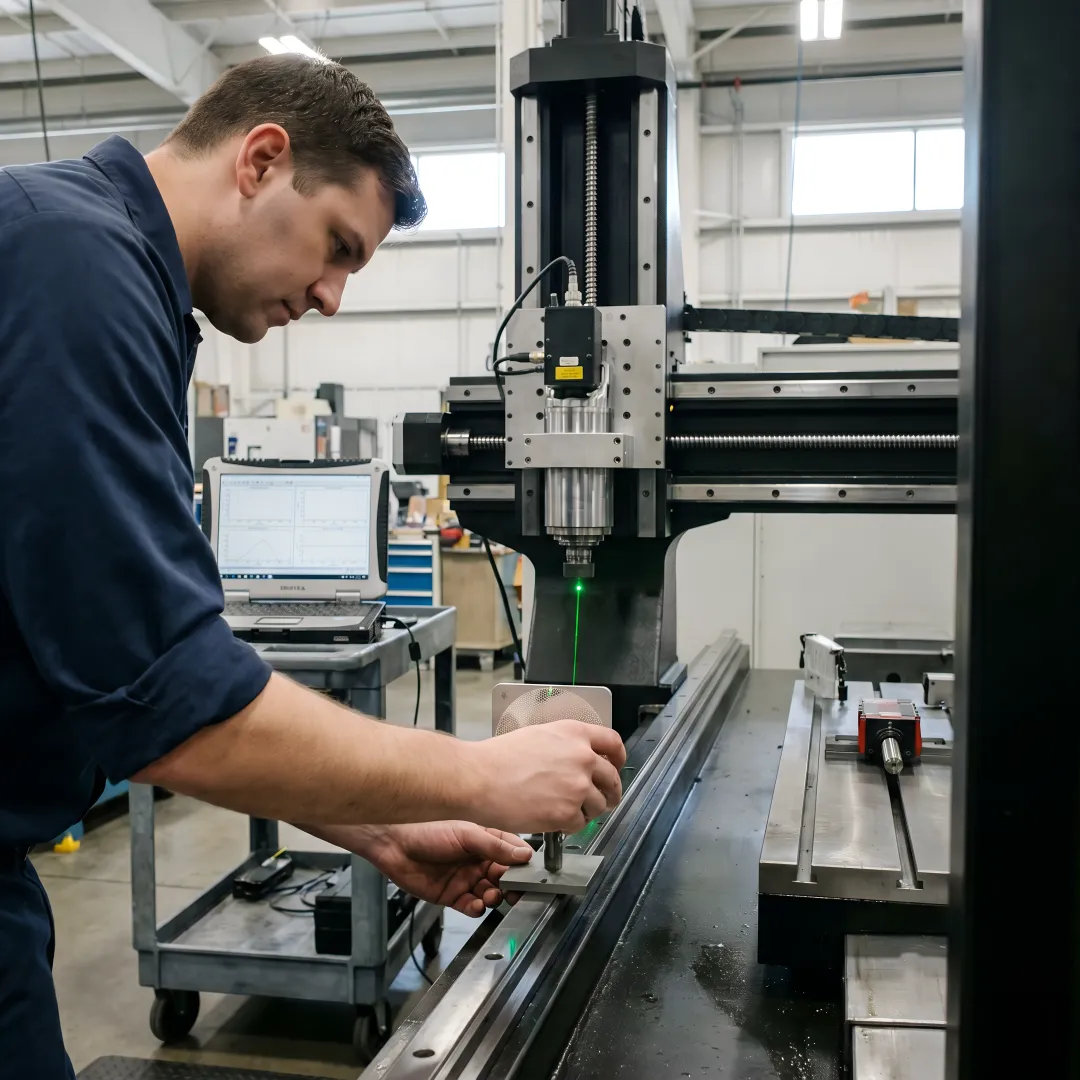 Precision laser interferometer testing equipment measuring CNC machine accuracy in a manufacturing facility