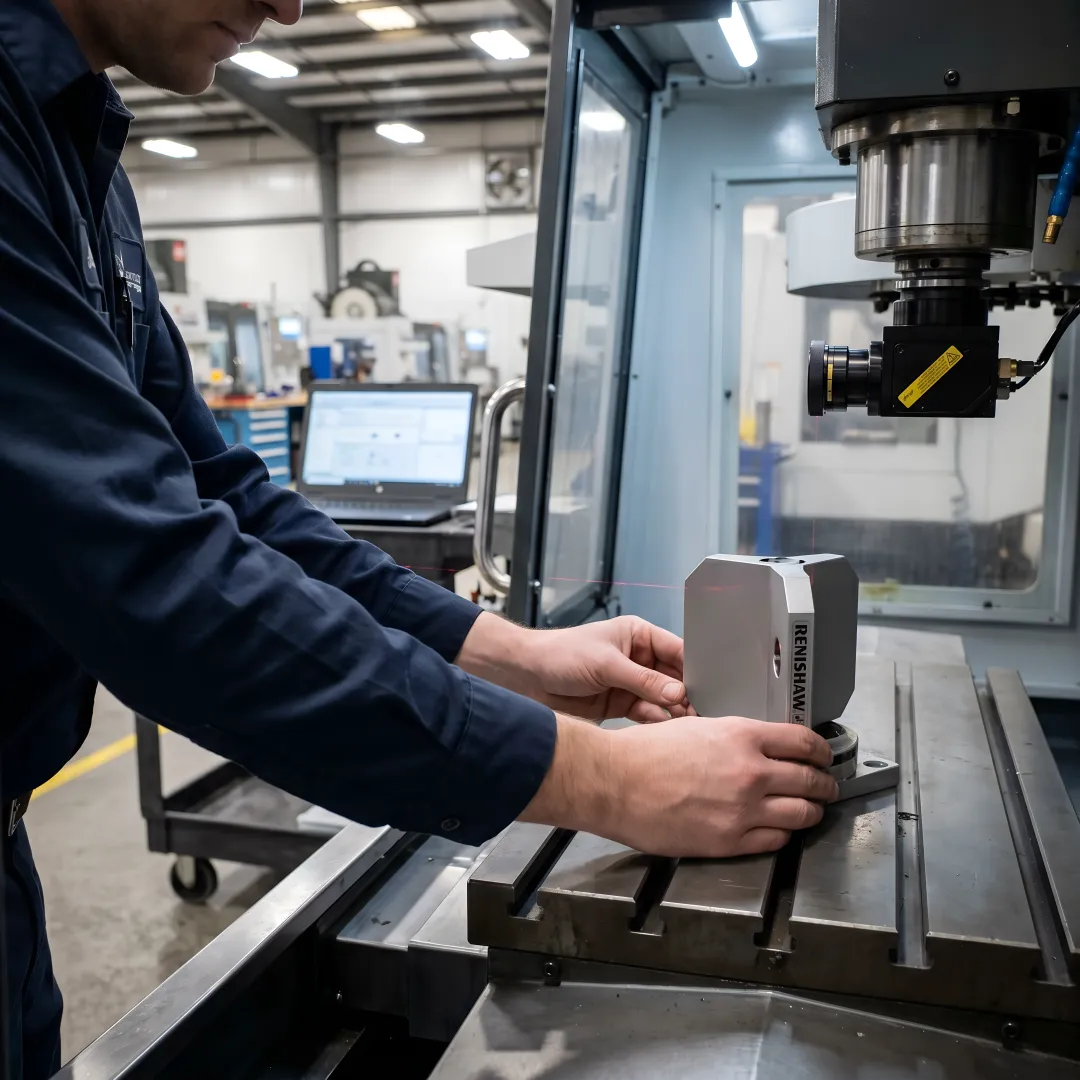 Precision laser interferometer calibrating CNC machine in Idaho manufacturing facility