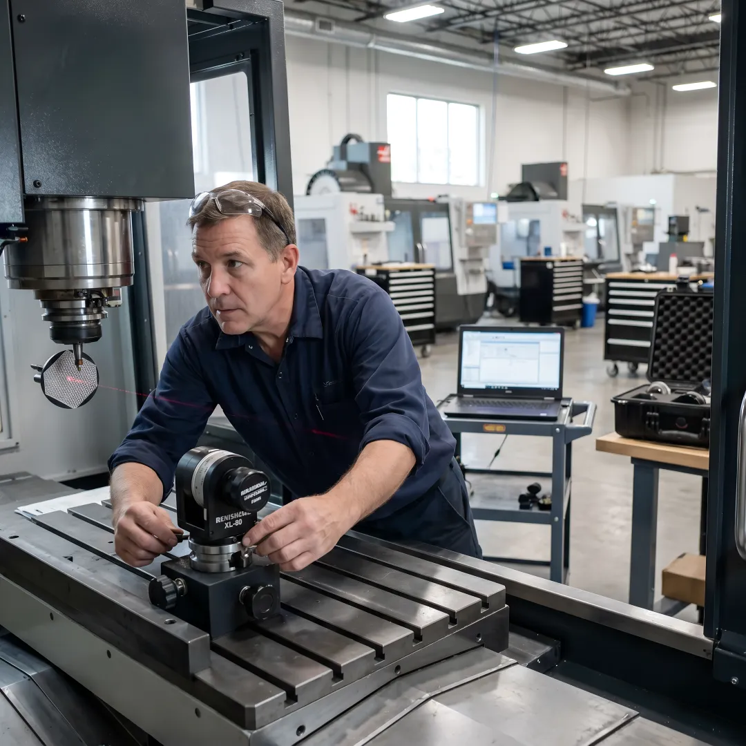 Technician performing laser interferometer calibration on CNC machine