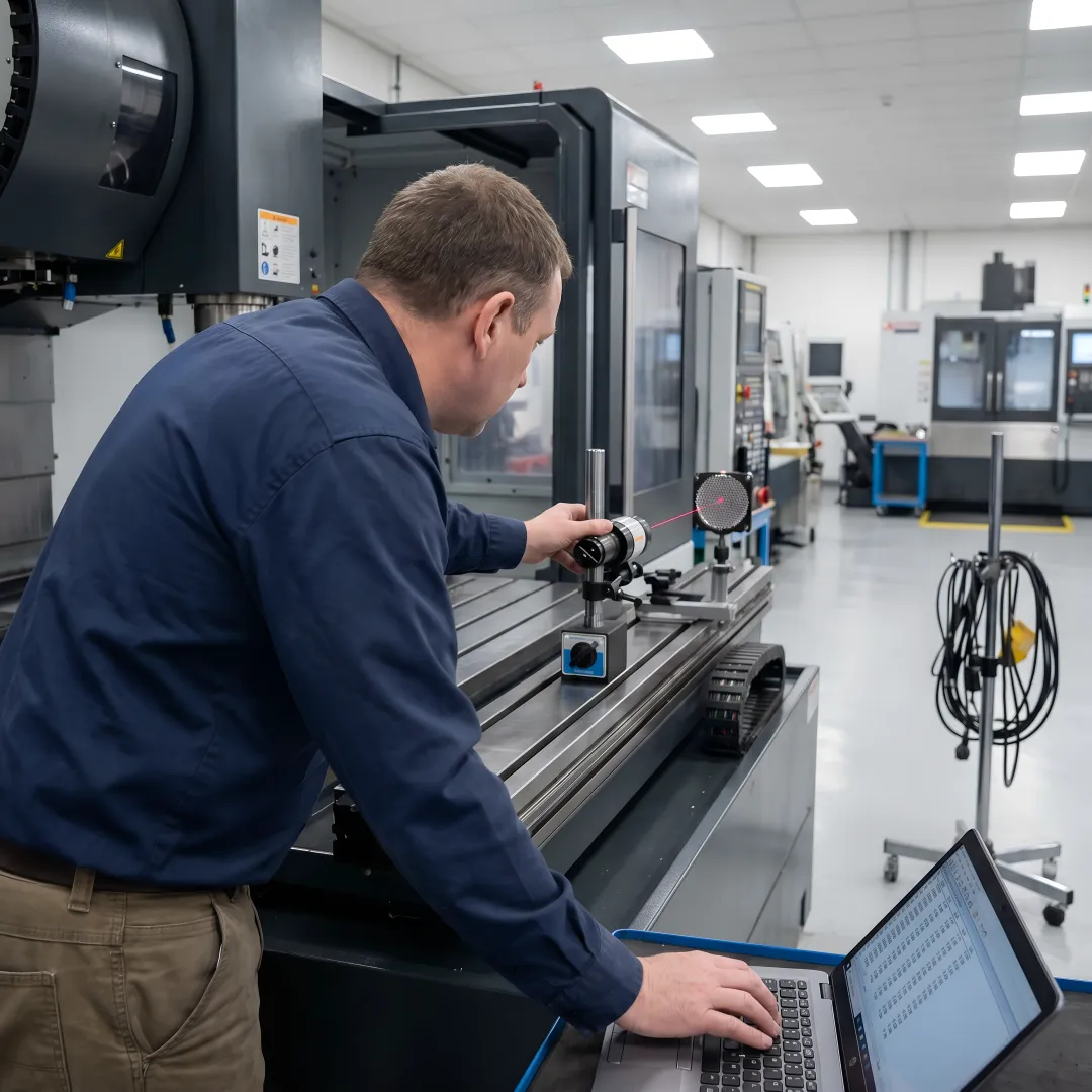 Technician performing precision measurement on industrial machinery