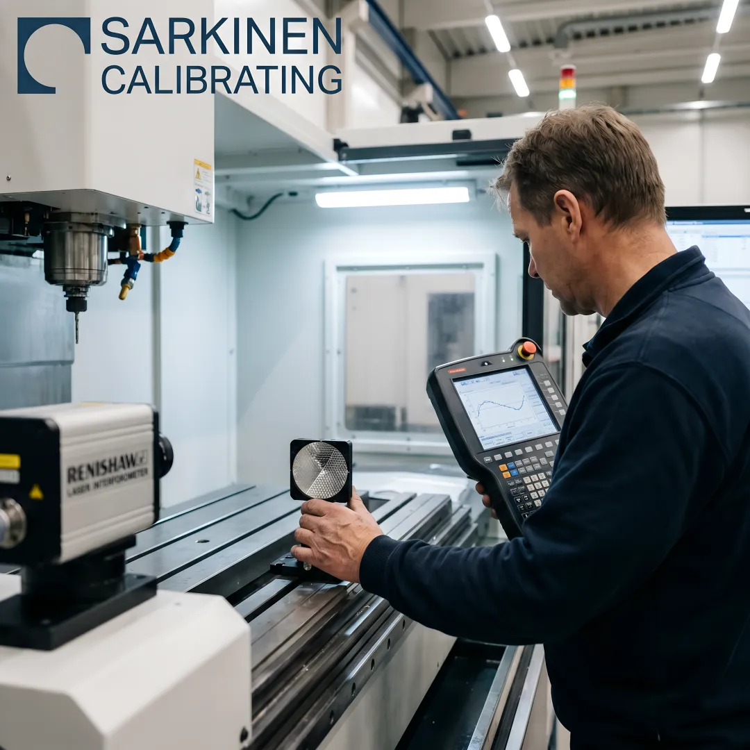 Technician using laser measurement system on CNC machining center