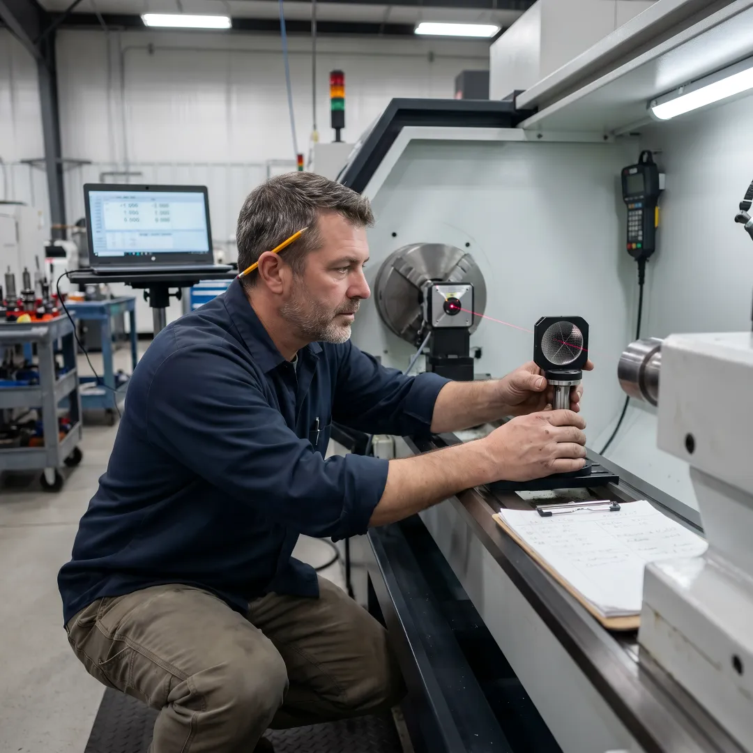 Technician performing laser calibration measurement on CNC turning center