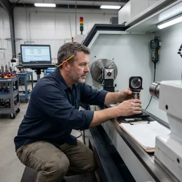 Technician performing laser calibration measurement on CNC turning center