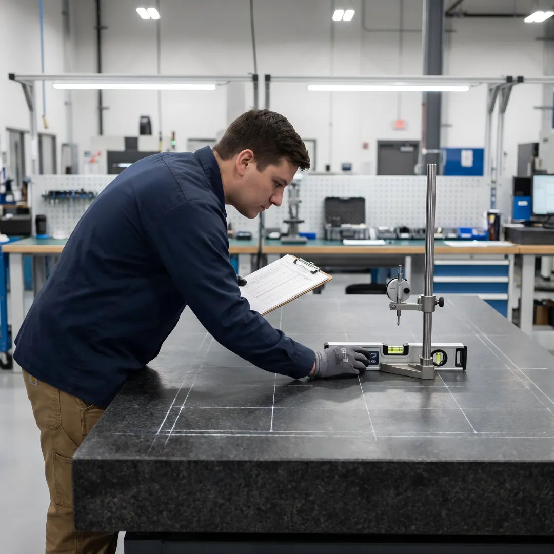Technician performing precision granite surface plate calibration with measurement equipment