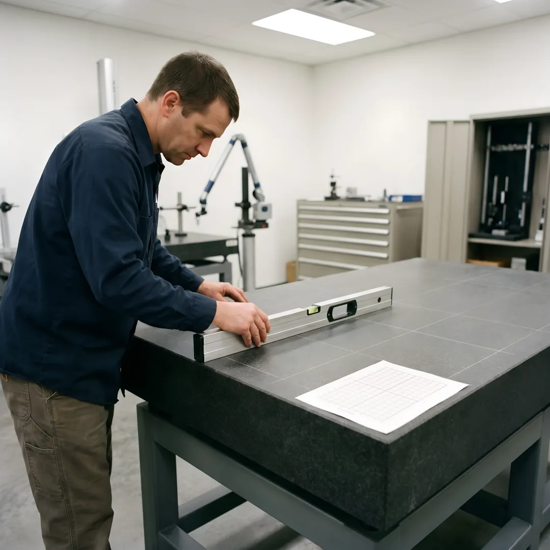 Precision measurement equipment calibrating a granite surface plate in a Northern California manufacturing facility