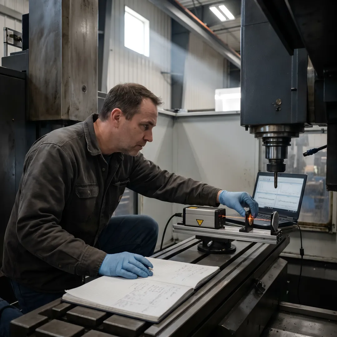 Calibration technician analyzing precision measurement data on CNC machine with laser equipment