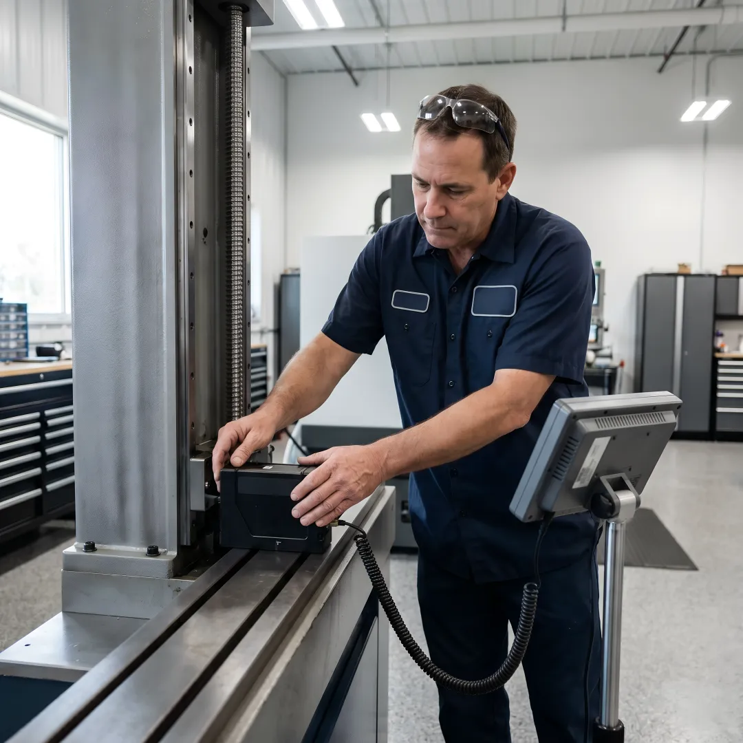 Calibration technician conducting precision measurement on CNC machine tool