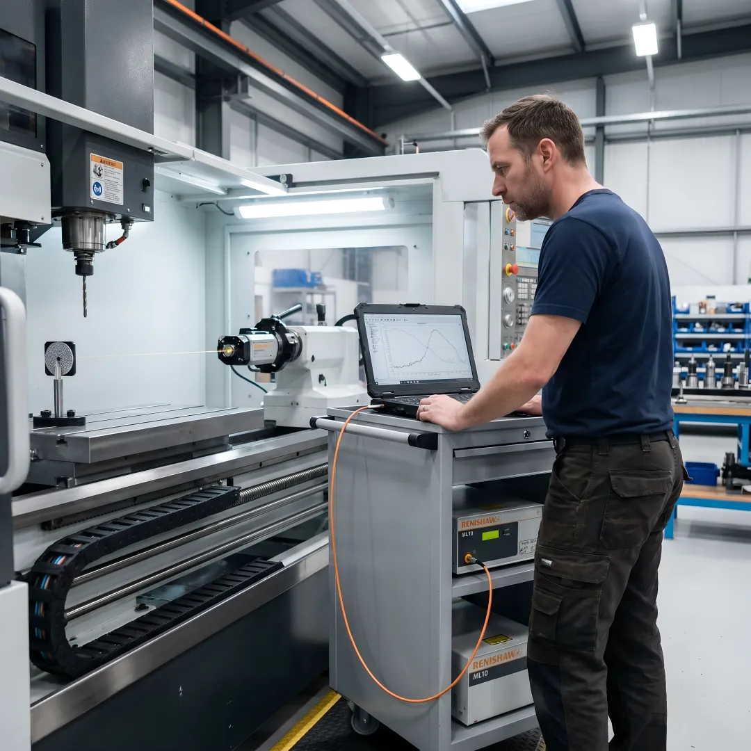 Precision laser measurement equipment performing CNC machine calibration in manufacturing facility