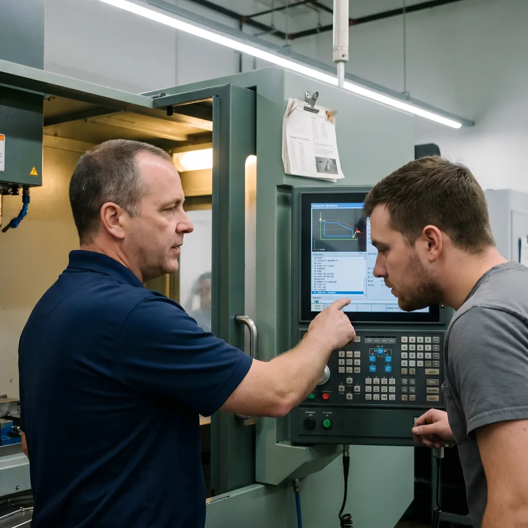 Instructor guiding student through CNC mill setup and programming