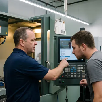 Instructor guiding student through CNC mill setup and programming