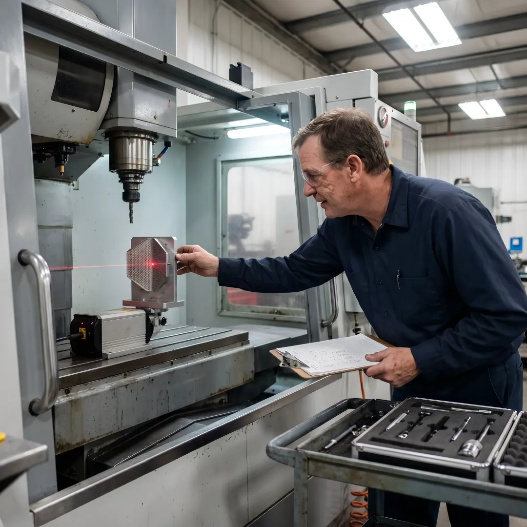 Technician performing systematic CNC calibration with precision measurement equipment