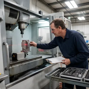 Technician performing systematic CNC calibration with precision measurement equipment