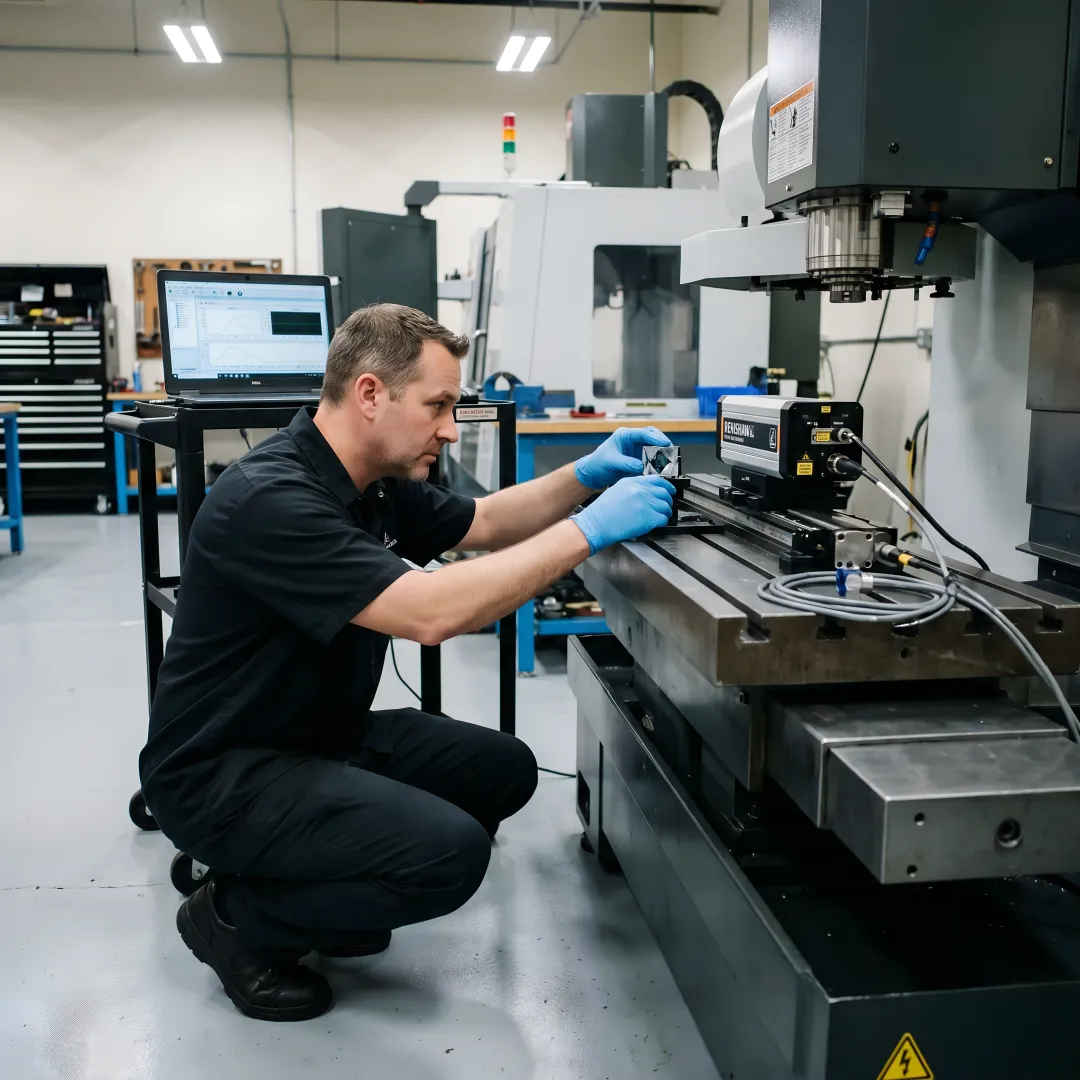 CNC machine maintenance training session with technician demonstrating calibration equipment