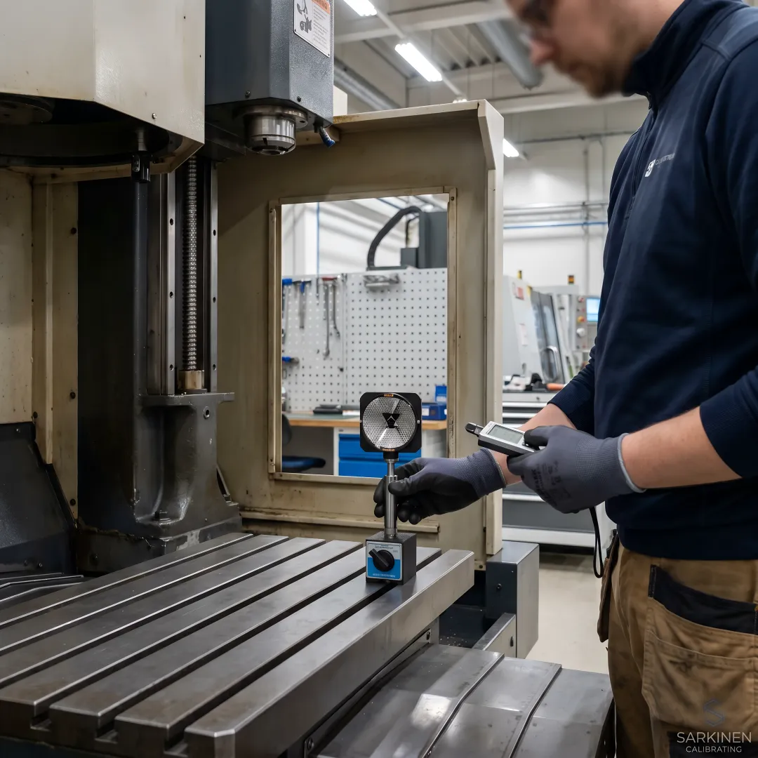 Precision CNC machining equipment undergoing laser interferometer calibration testing
