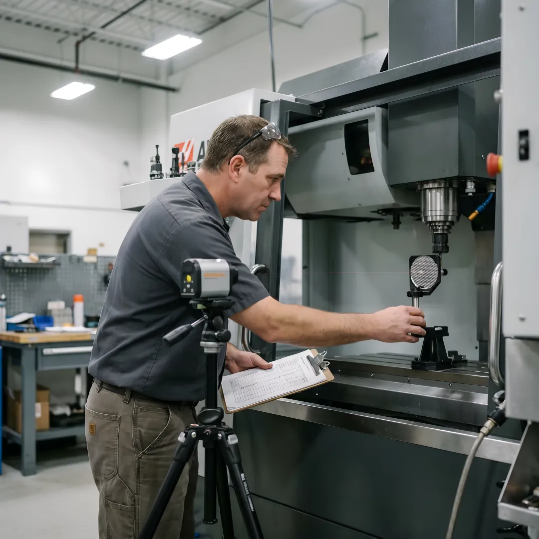 Precision laser interferometer measuring CNC machine accuracy in Washington manufacturing facility