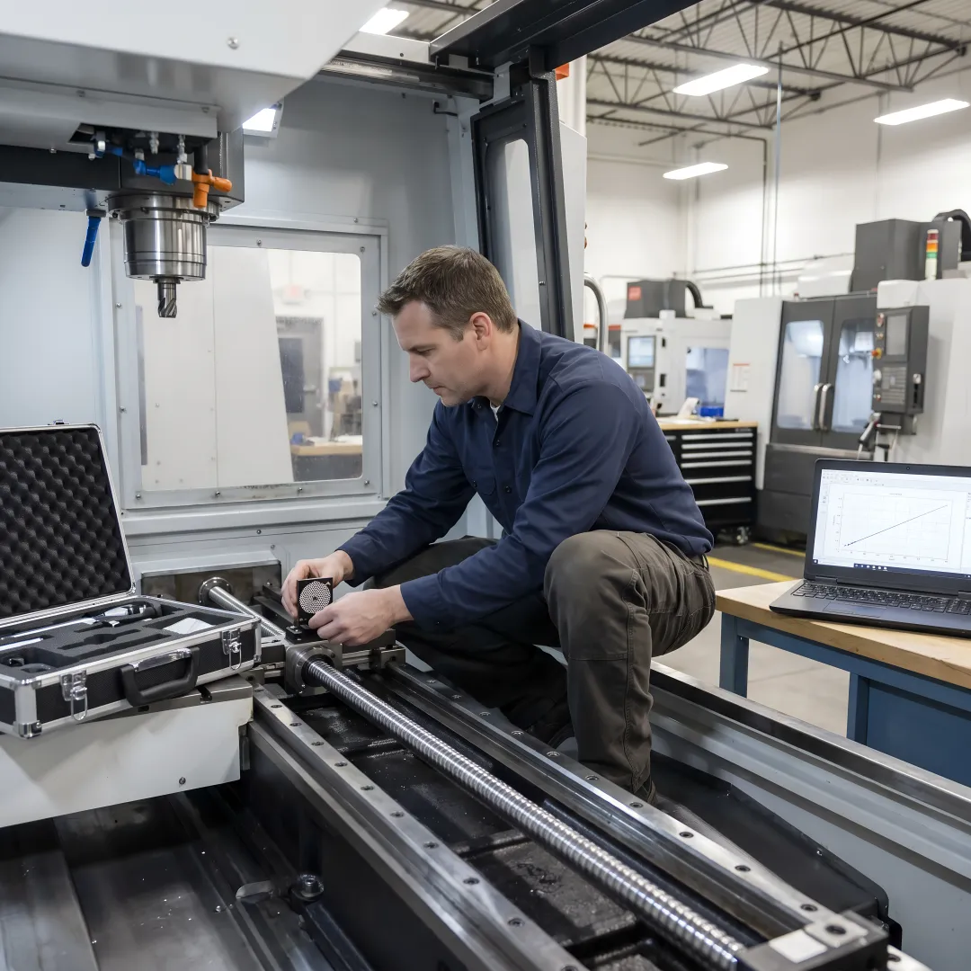 Calibration technician using laser interferometer on CNC machine tool