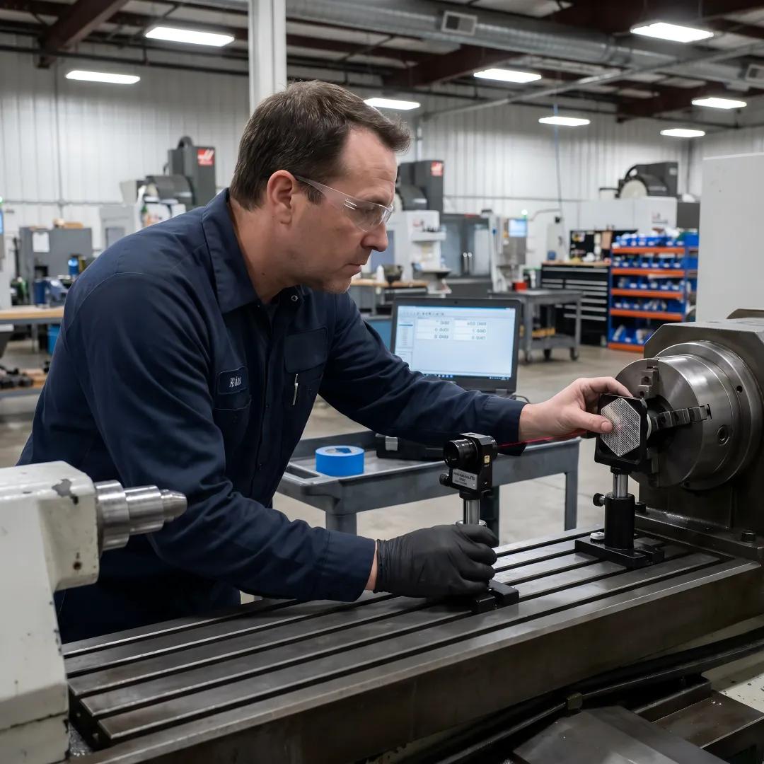 Technician performing precision CNC machine calibration using laser measurement equipment