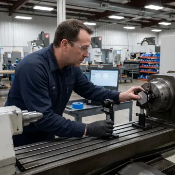Technician performing precision CNC machine calibration using laser measurement equipment