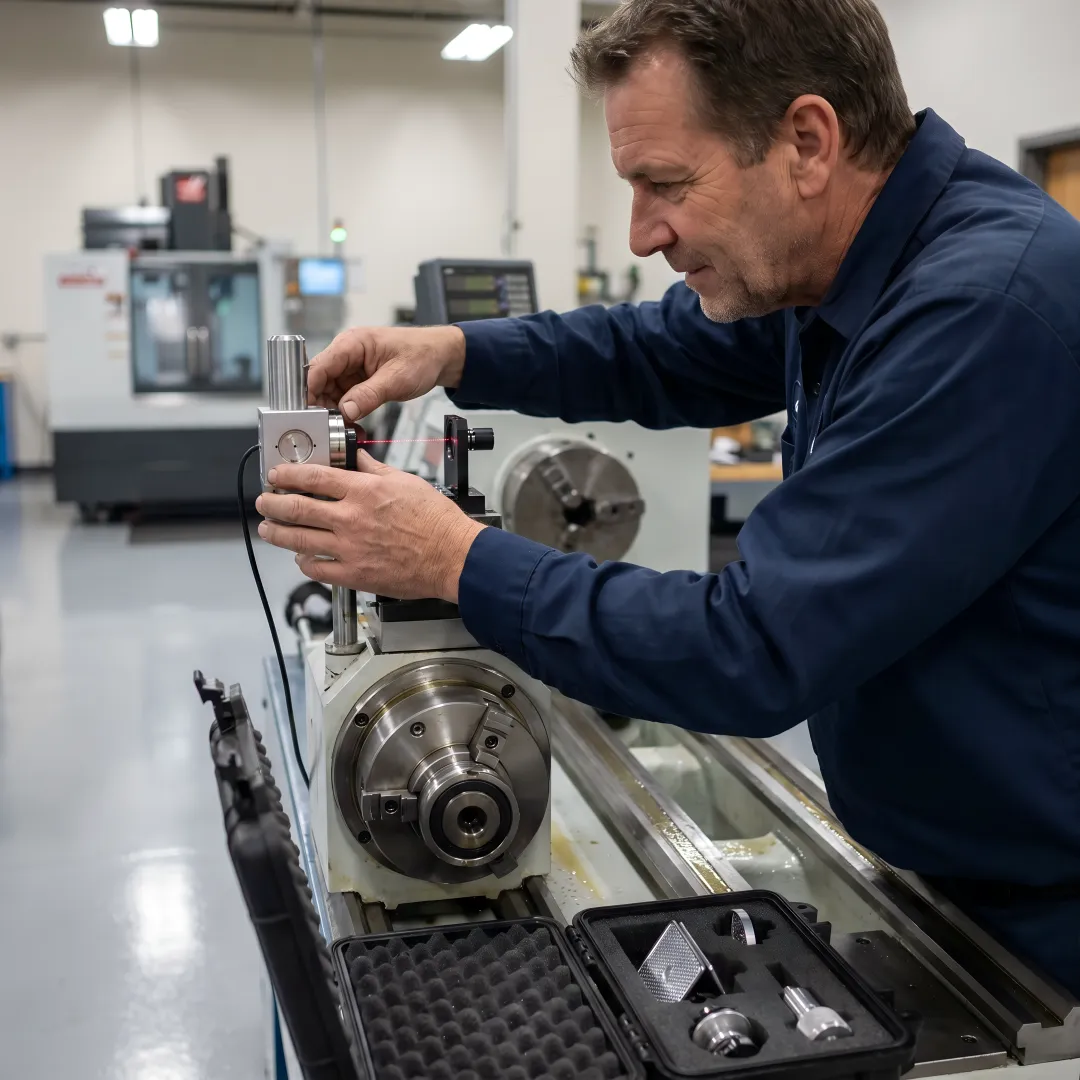 Technician performing precision calibration on CNC turning center with laser measurement equipment