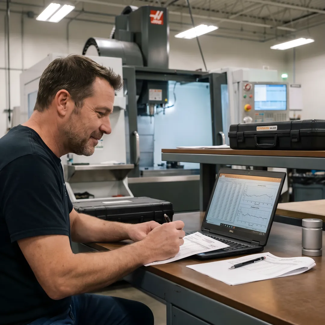 Calibration technician reviewing precision measurement data on laptop at manufacturing facility