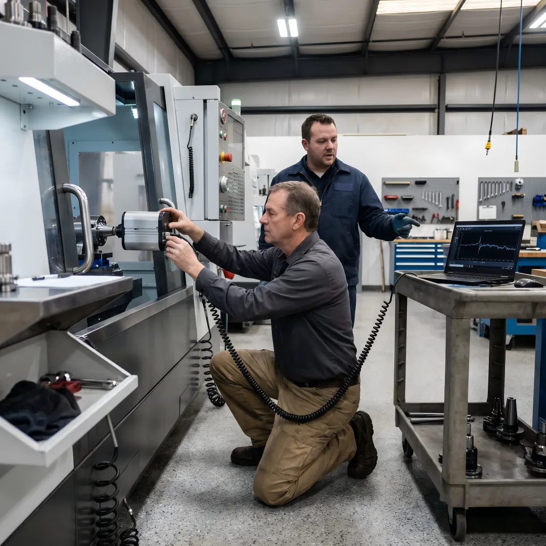 Technician learning CNC calibration procedures in hands-on training environment