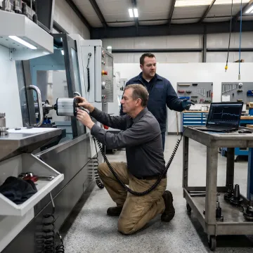 Technician learning CNC calibration procedures in hands-on training environment