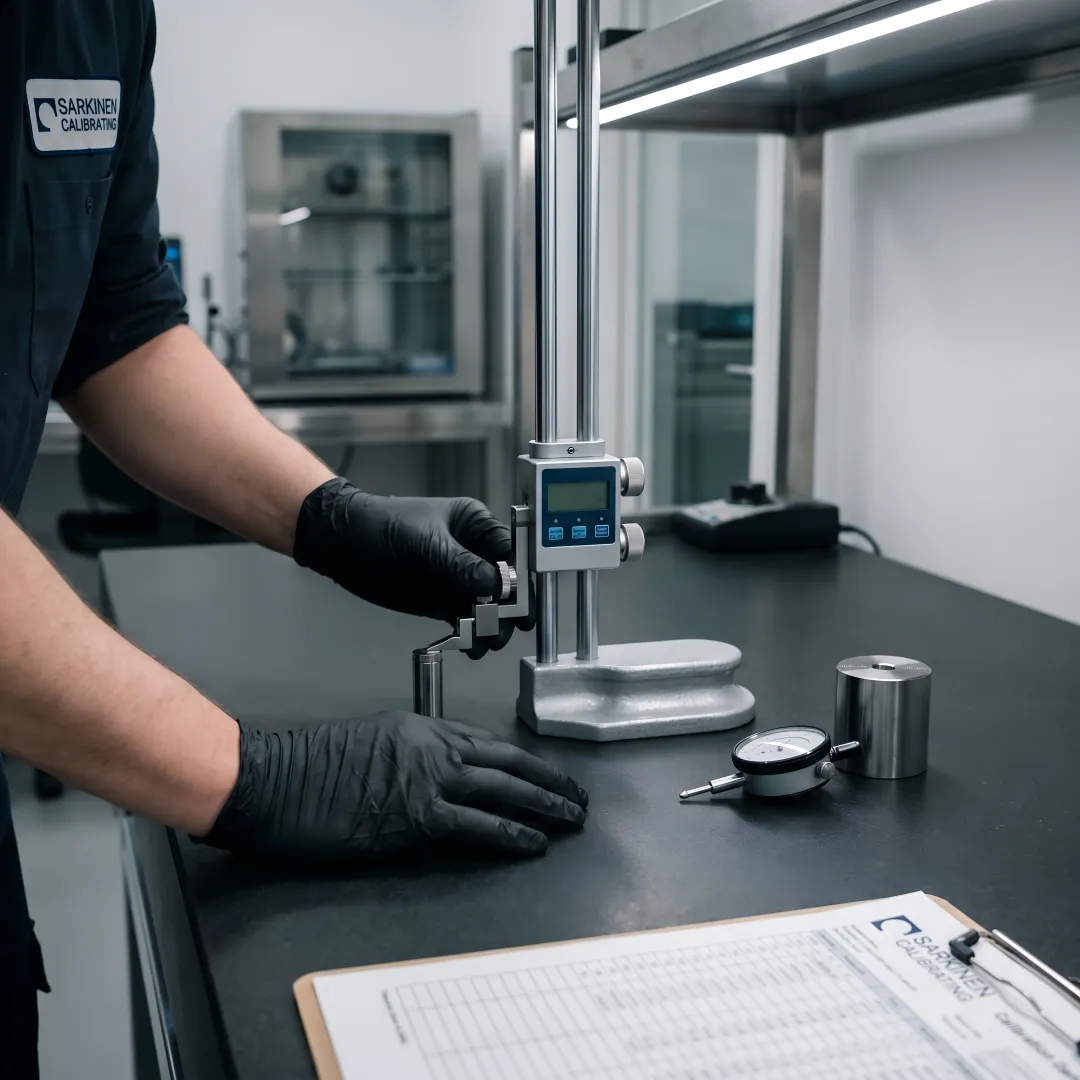 Granite surface plate being tested for flatness with precision measurement equipment