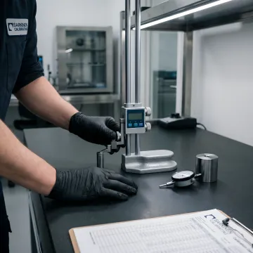 Granite surface plate being tested for flatness with precision measurement equipment
