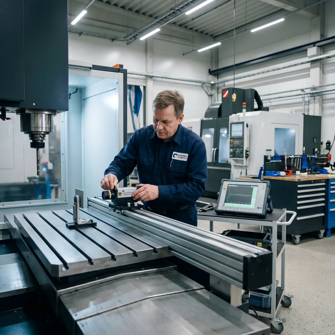 Calibration technician using Renishaw laser system on CNC machine