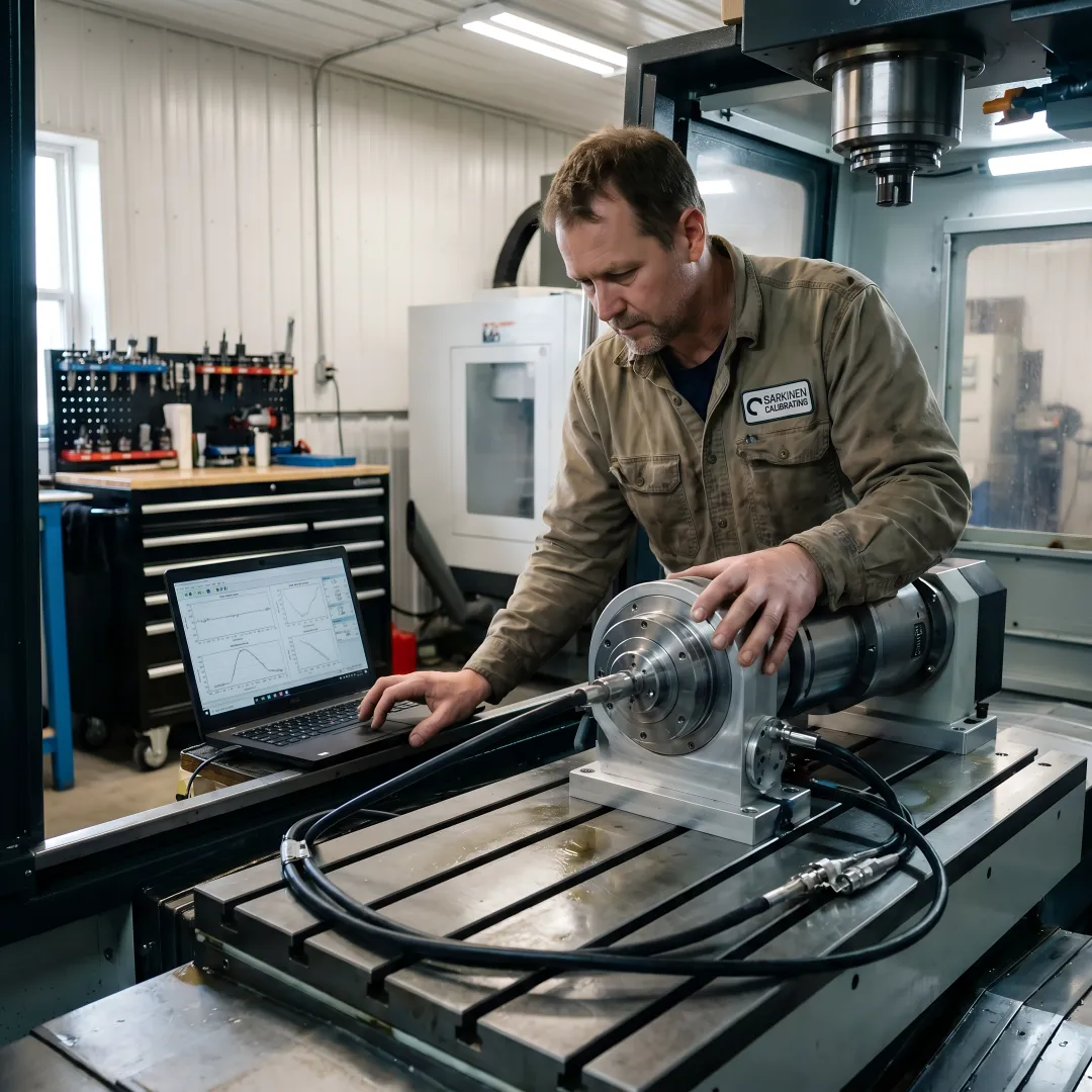 Technician performing rotary axis calibration on multi-axis CNC machine