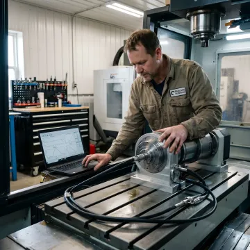 Technician performing rotary axis calibration on multi-axis CNC machine