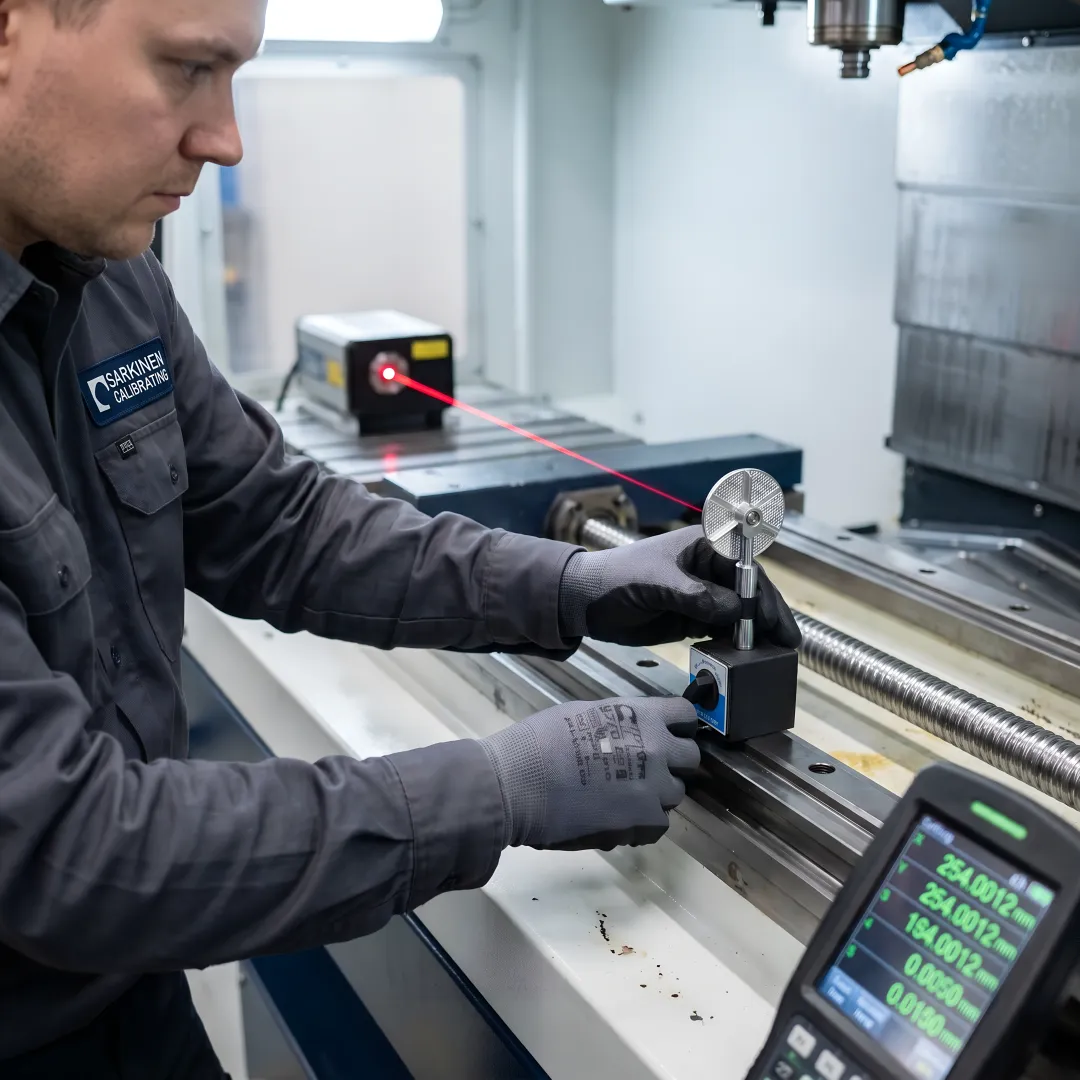 Close-up of precision laser measurement equipment on CNC machine axis