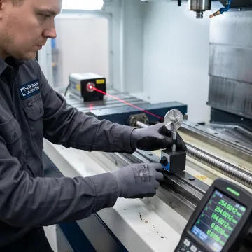 Close-up of precision laser measurement equipment on CNC machine axis