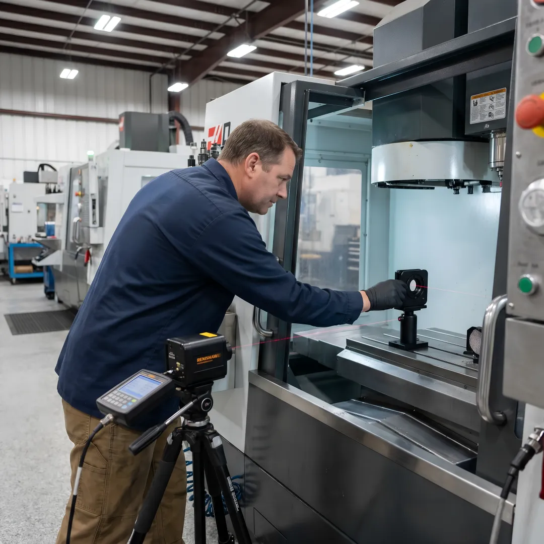 CNC machine calibration technician using laser interferometer equipment in Washington manufacturing facility