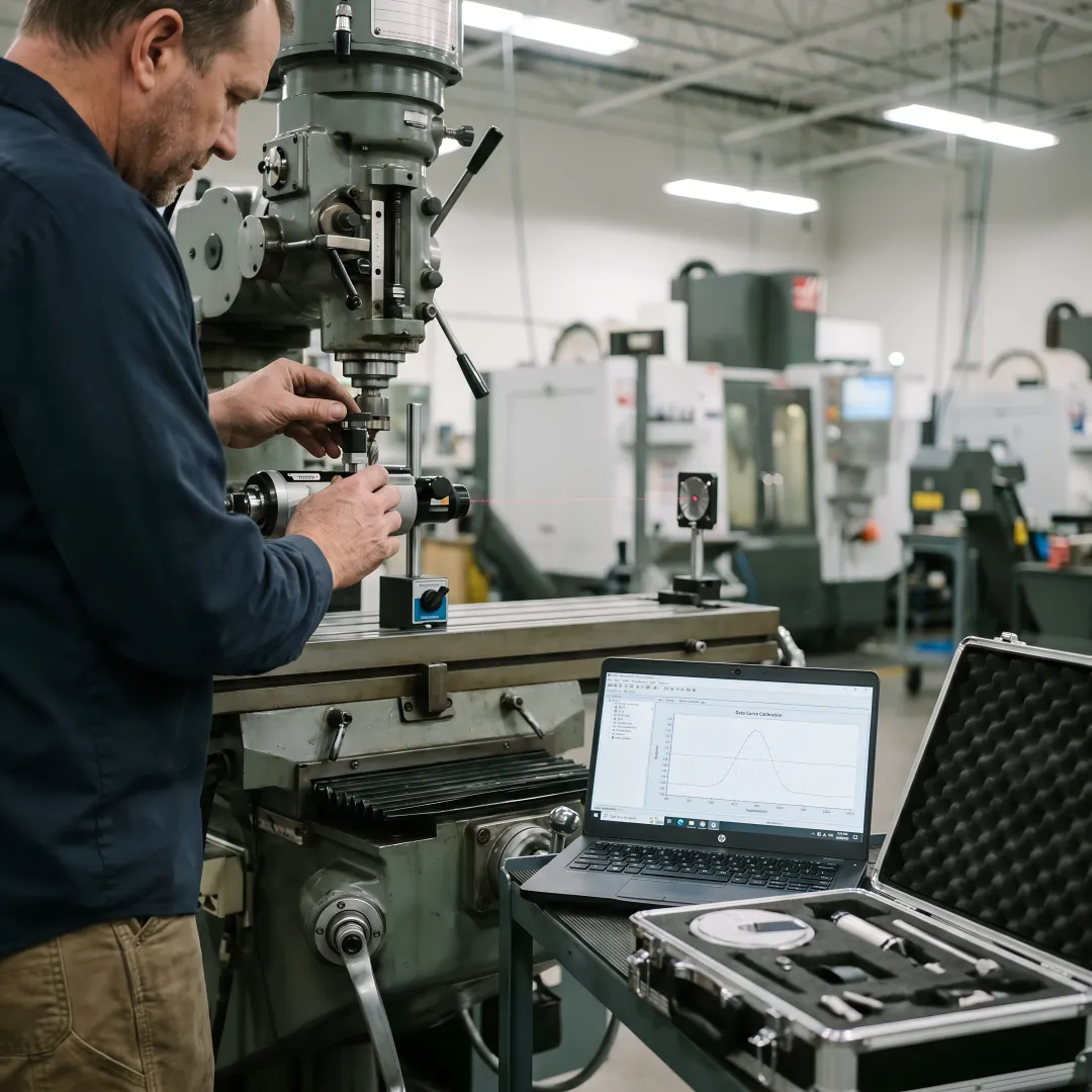 Technician performing laser interferometer calibration on CNC machine axis