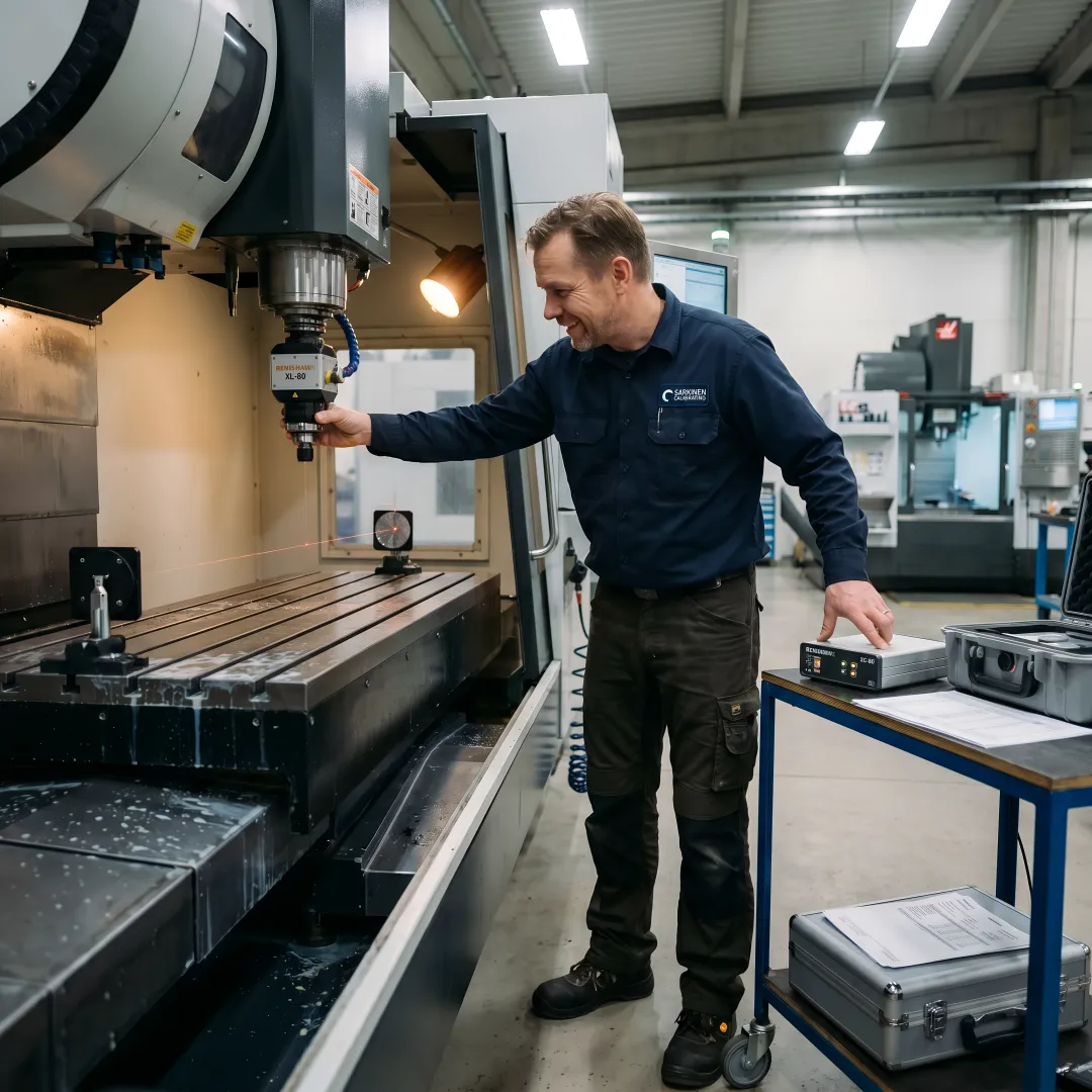 Technician performing laser calibration measurement on CNC milling machine